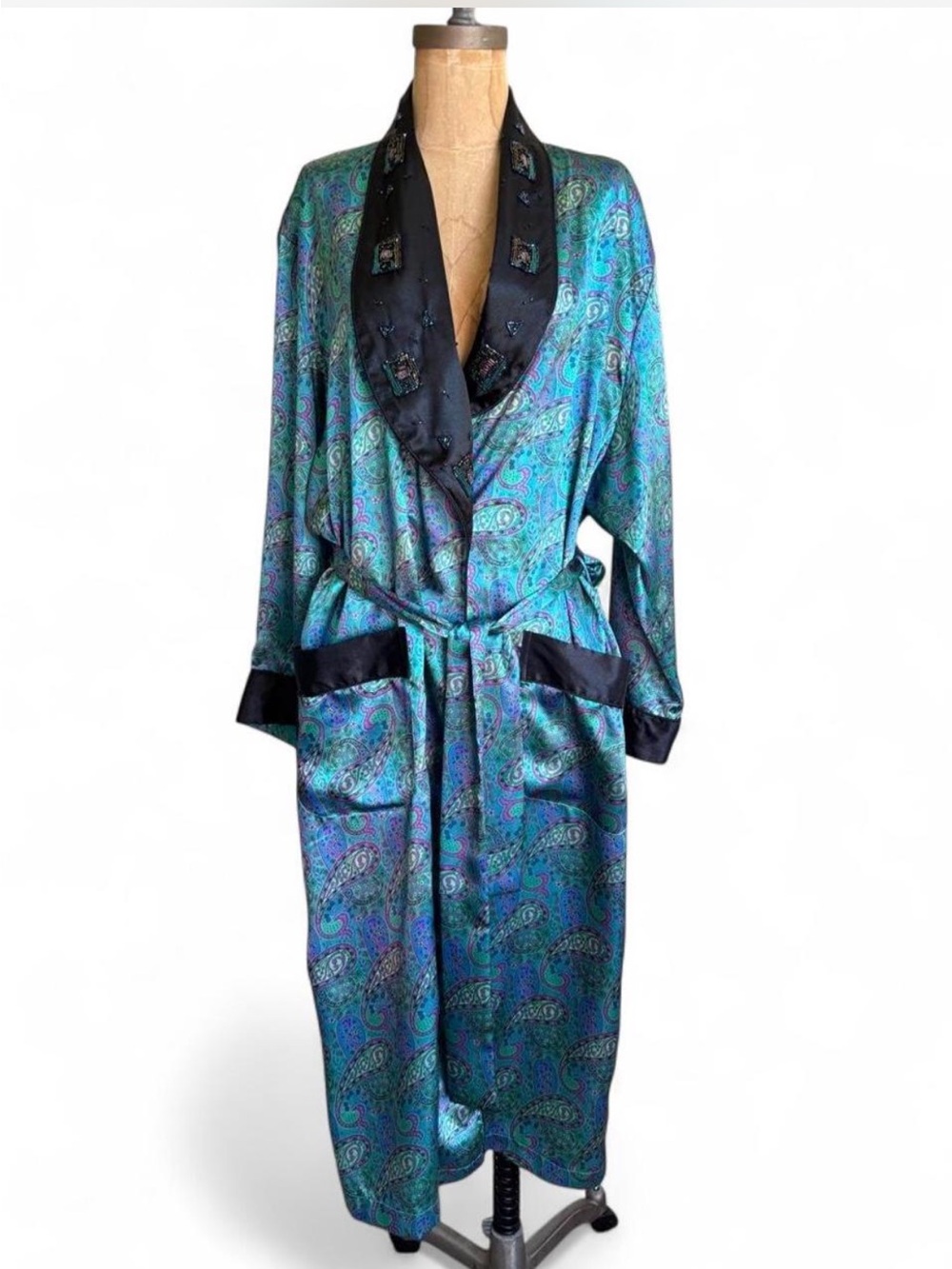 2002 Victoria's Secret Teal Paisley Satin Robe with Black Trim